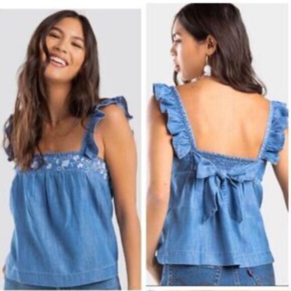 NWT Medium Francesca's Harper Heritage Embroidered Denim Boho Tank Top - Picture 2 of 8